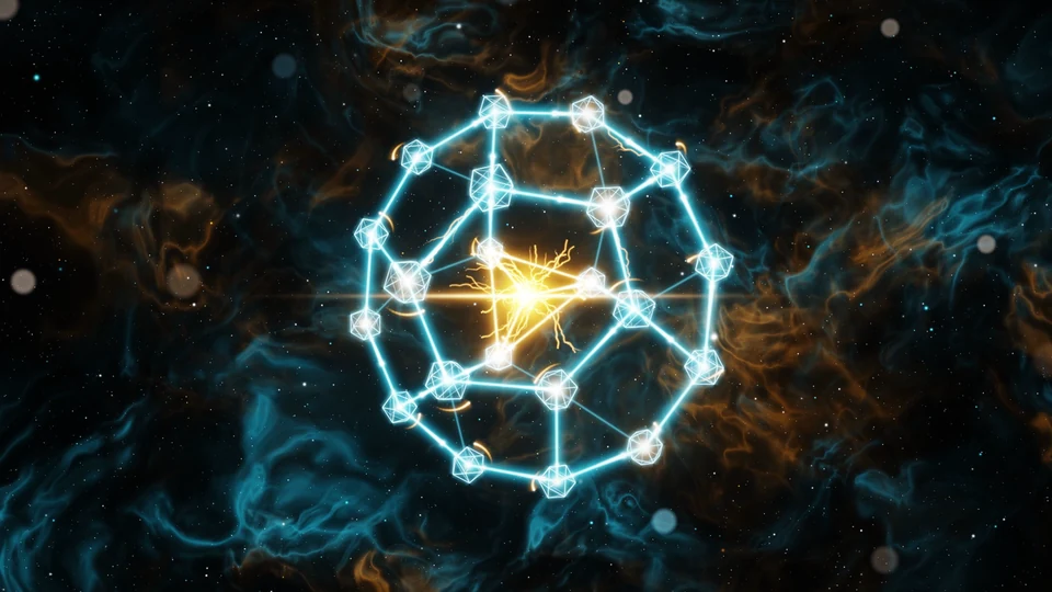 A cyan geometric structure takes shape around a gold spark.