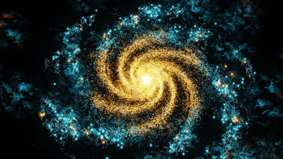 A spiral of gold light surrounded by cyan structures.