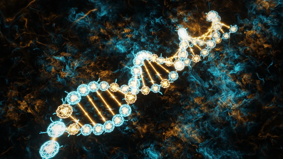 Interconnected points of light form a twisting double helix.